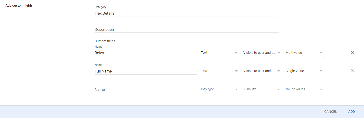 Add custom fields with roles and full name options in Flex Details category.