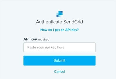 SendGrid authentication prompt for API key entry with submit and cancel options.