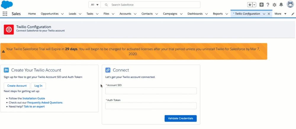 Get Twilio Configuration from the Salesforce App Launcher.