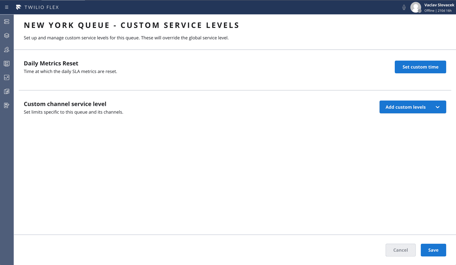 New York queue custom service levels with options to set daily metrics reset and custom channel service levels.