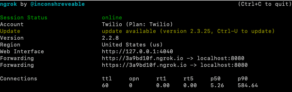 Ngrok session status online with Twilio account, update available, version 2.2.8, US region, forwarding URLs.