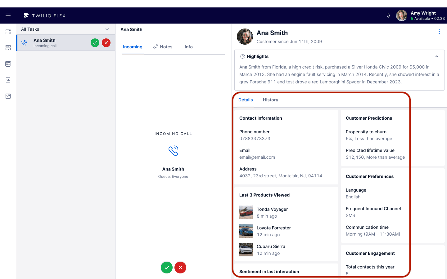 Flex UI showing Ana Smith's details tab with contact info, customer predictions, and preferences.
