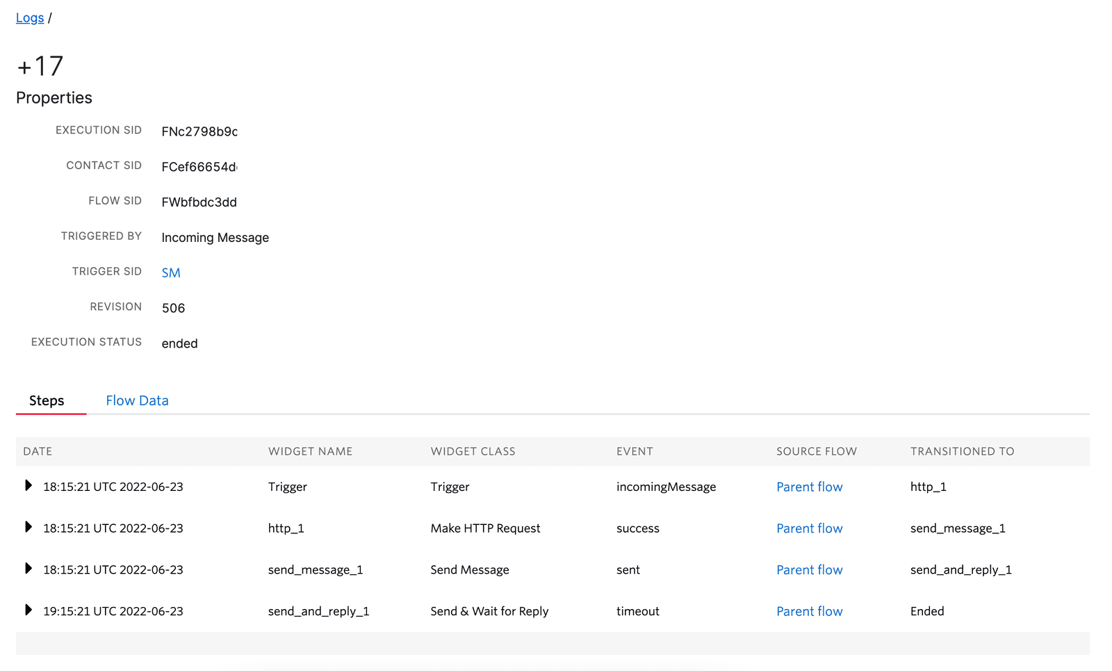 Twilio Studio log showing execution details with steps including Trigger, HTTP request, and message send.