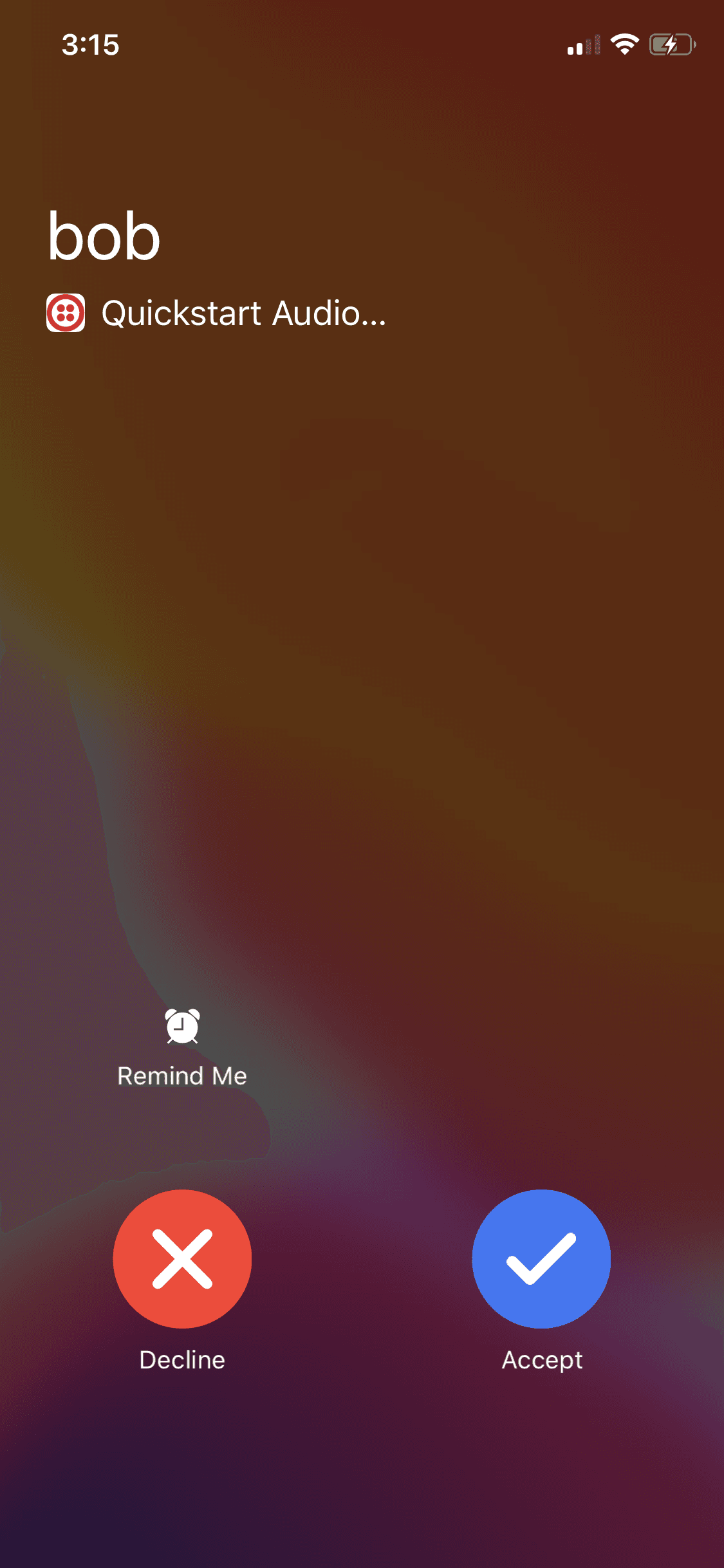 Incoming call screen with options to decline or accept, caller labeled as bob through Quickstart Audio.