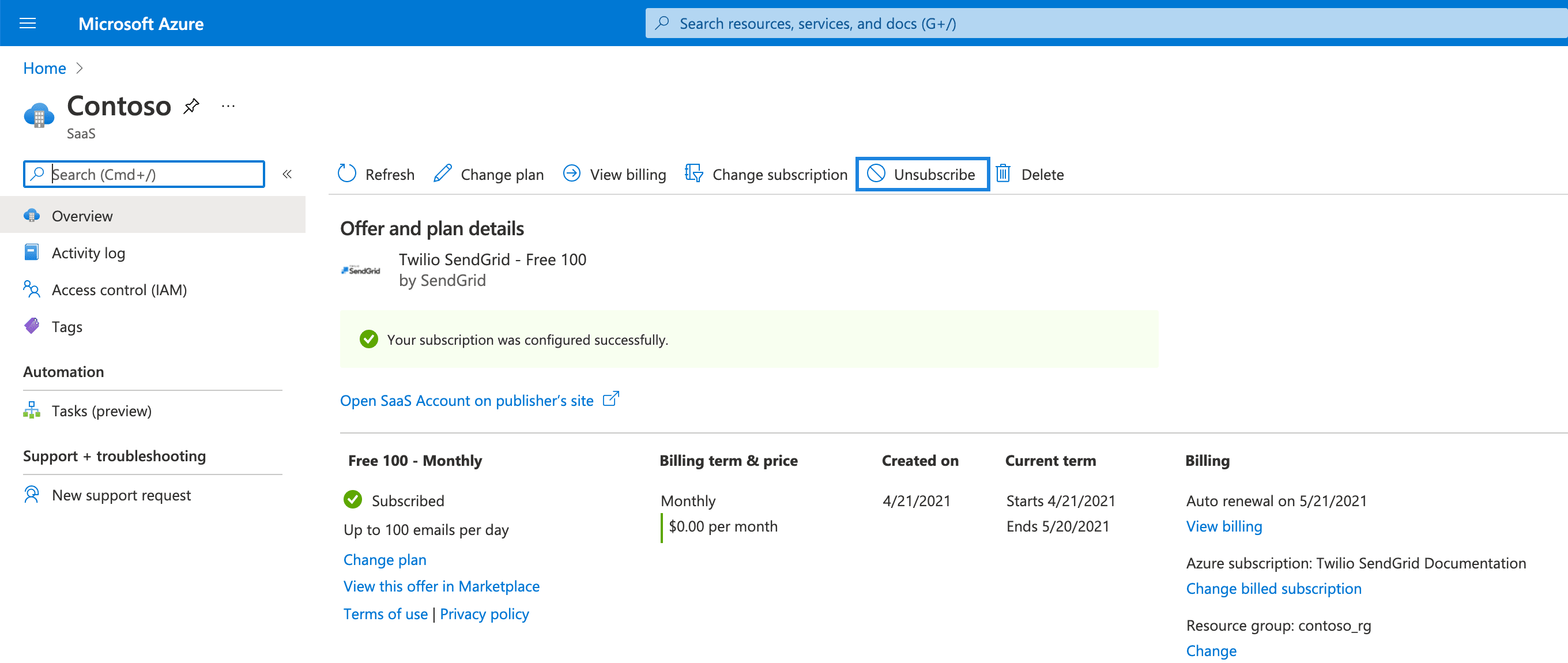 Azure interface showing Twilio SendGrid subscription with 'Unsubscribe' link highlighted.
