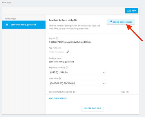 Download google-services.json for Android app configuration in Twilio Notify.