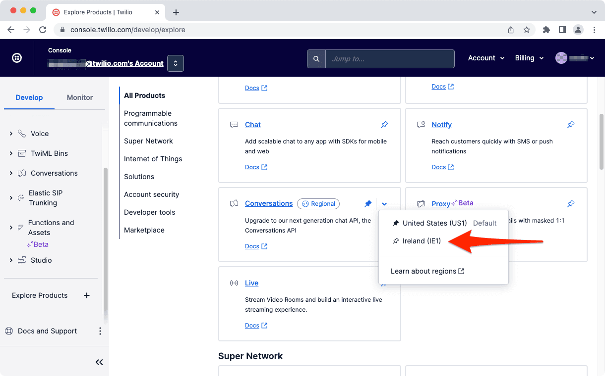 Dropdown showing Ireland (IE1) as a pin option for Conversations API region.