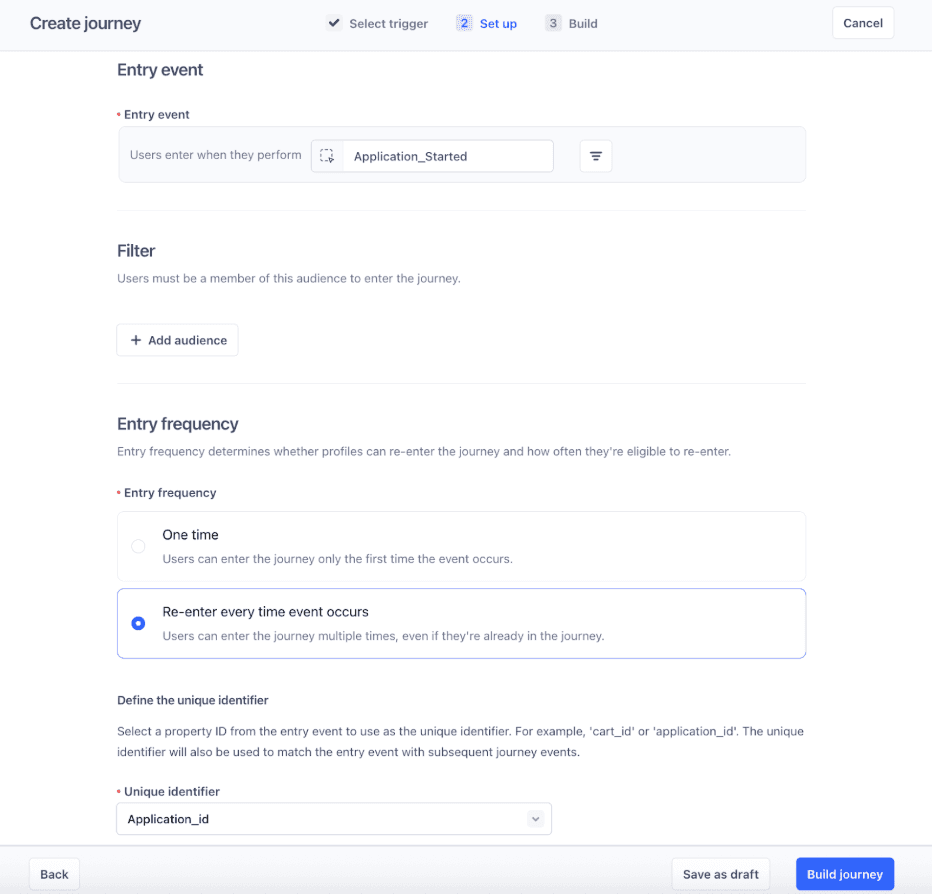 Screenshot of the journey setup screen showing the Application_Started entry event selected, with re-entry enabled and Application_id set as the unique identifier.