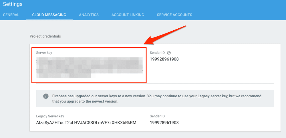 Firebase Cloud Messaging settings showing server key and sender ID.
