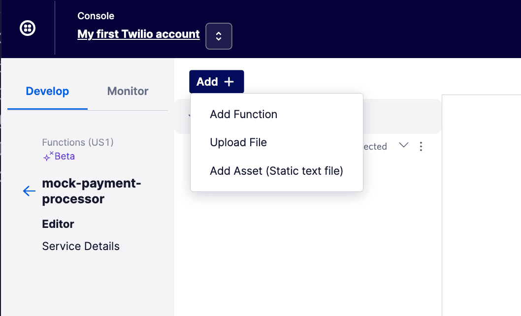 Dropdown menu with options to add function, upload file, or add asset in mock-payment-processor.