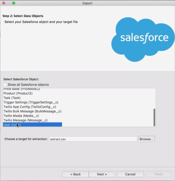 Salesforce export screen with User object selected for data extraction to extract.csv.