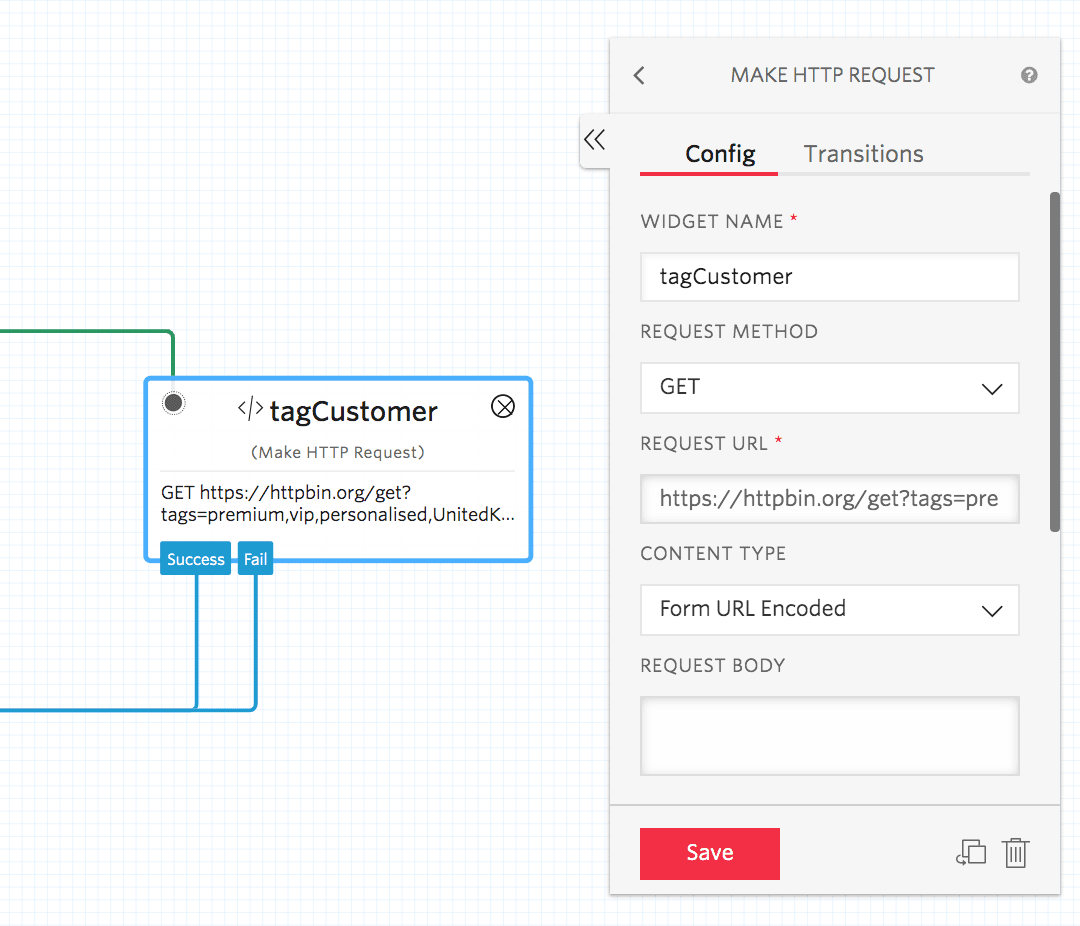 HTTP request configuration with widget name 'tagCustomer' and GET method.