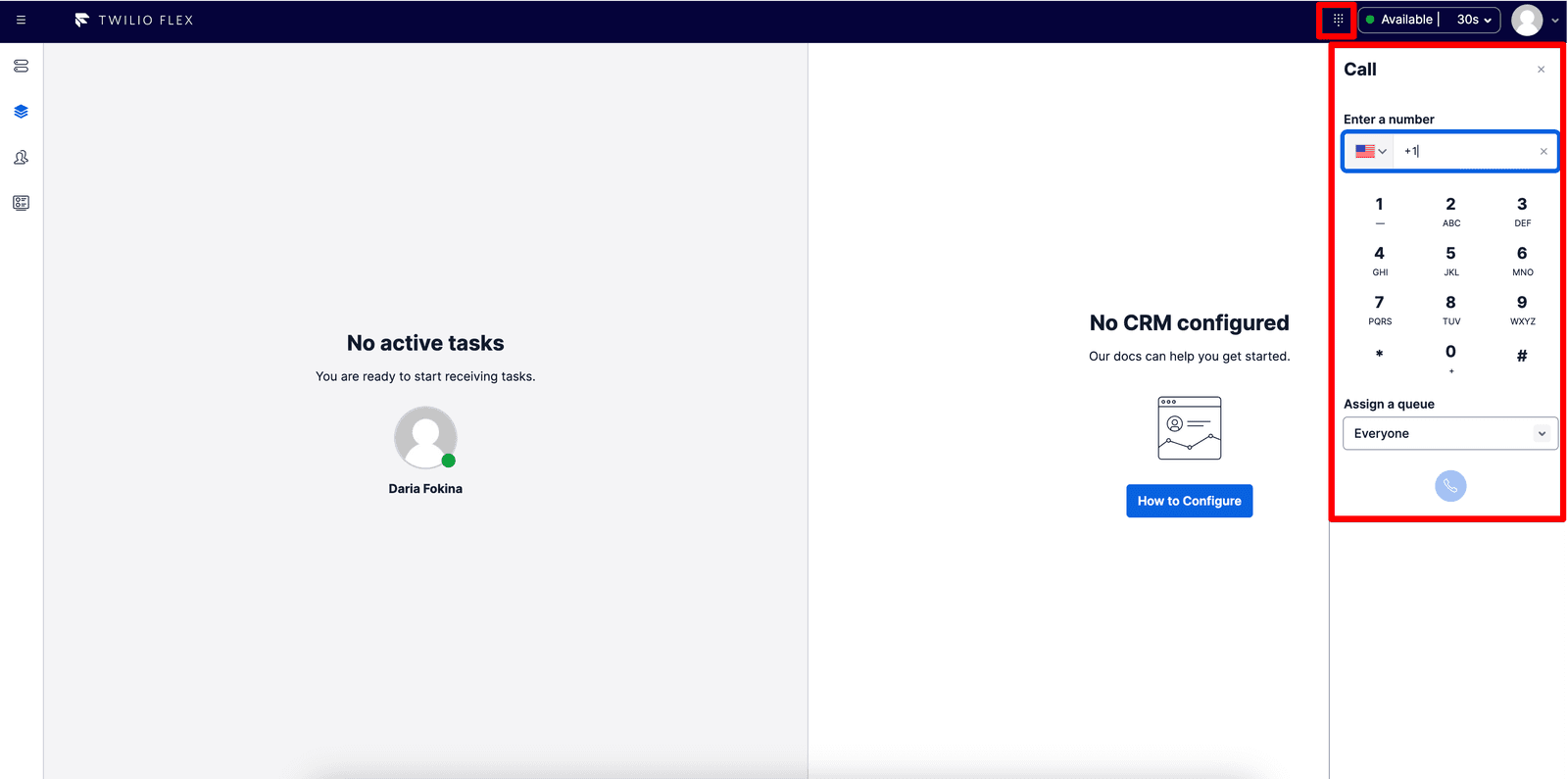 Twilio Flex interface showing call transfer button highlighted.