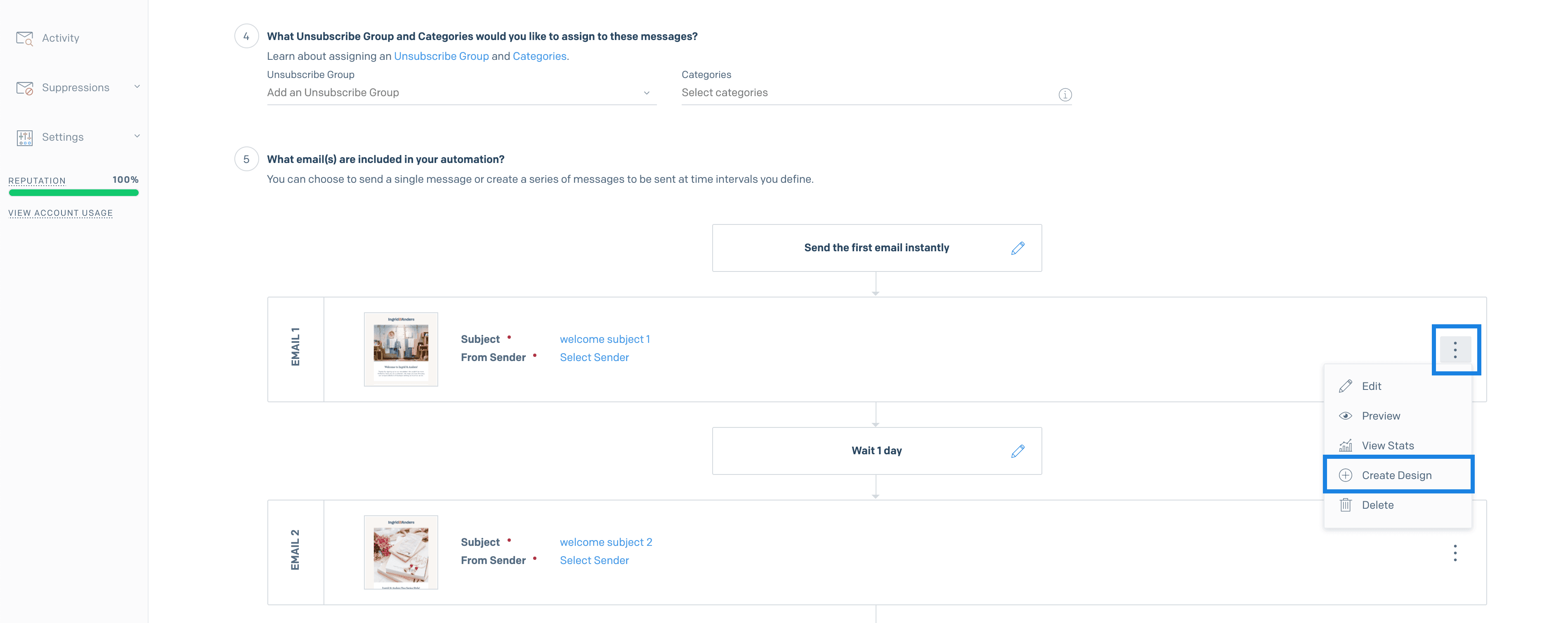 The Create Design option selected in an Automation email's action menu.