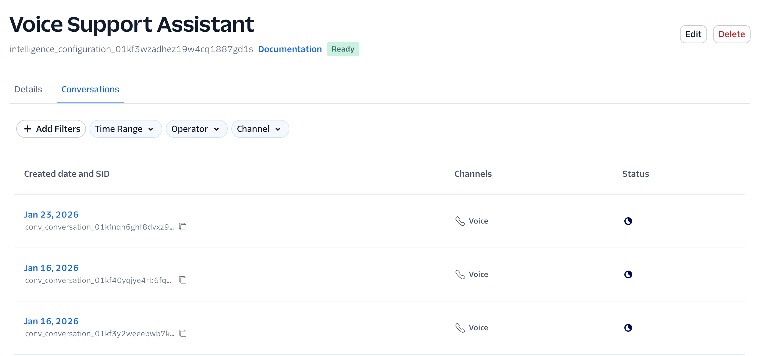 Voice Support Assistant configuration page showing a list of conversations
