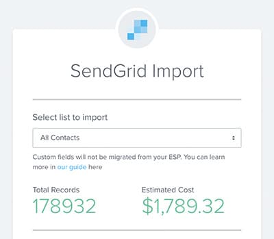 SendGrid import page showing 178,932 total records and estimated cost of $1,789.32.