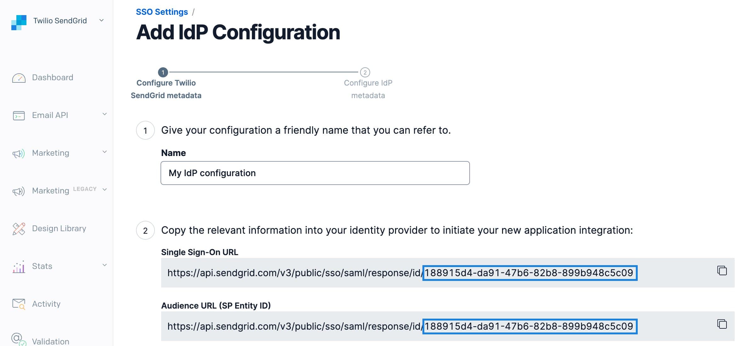 SSO configuration showing integration ID in Single Sign-On and Audience URLs.