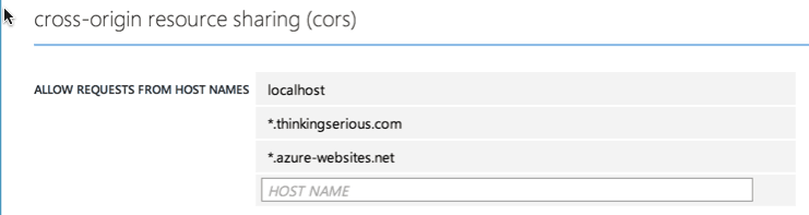 CORS settings showing allowed hostnames: localhost, thinkinserious.com, azure-websites.net.