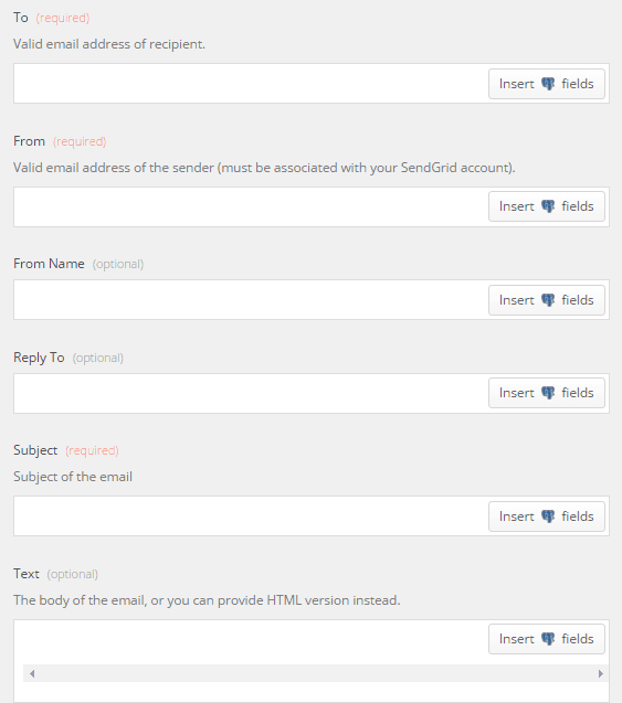 Email creation form with fields for To, From, Subject, and Text.