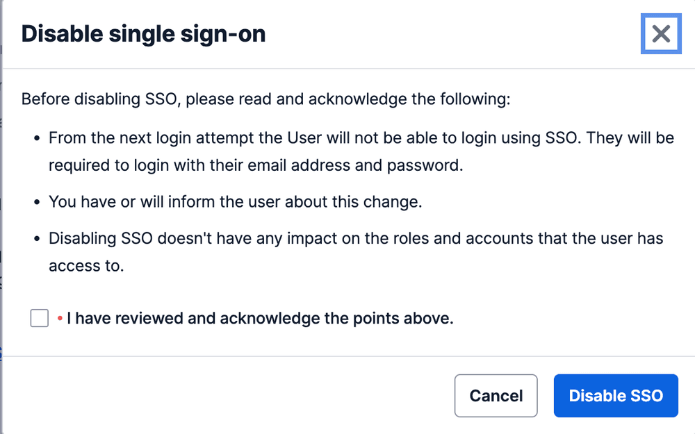 Prompt to acknowledge changes before disabling single sign-on with checkbox to confirm.