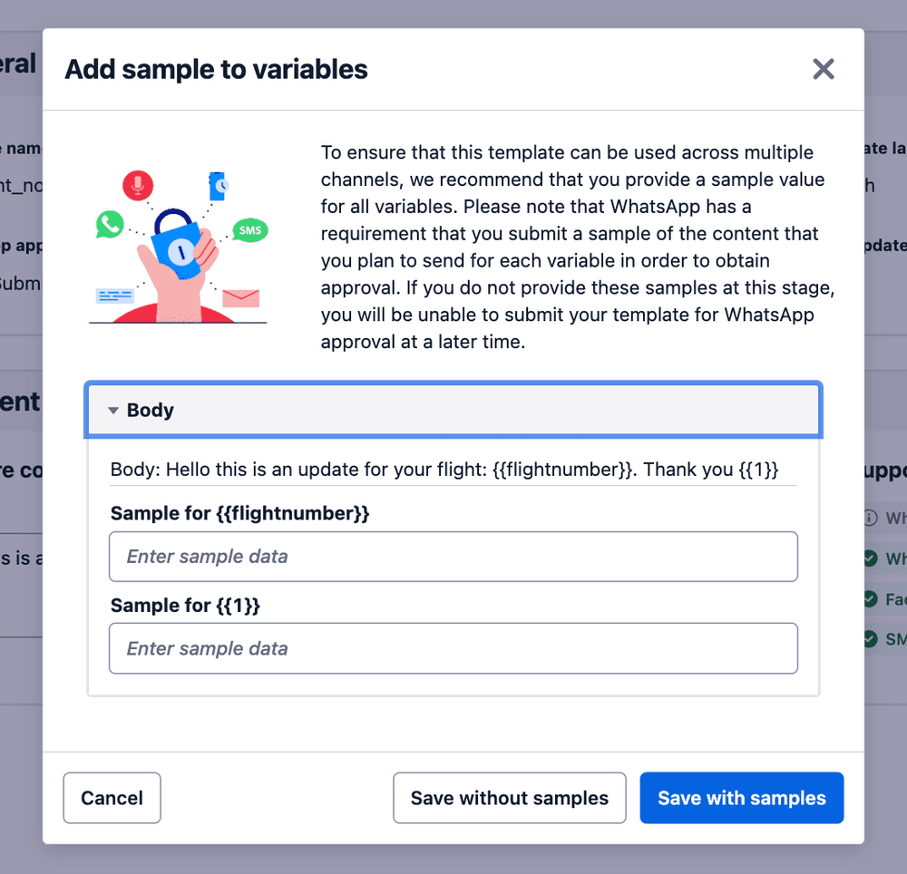 Template for adding sample data to variables with WhatsApp approval note.