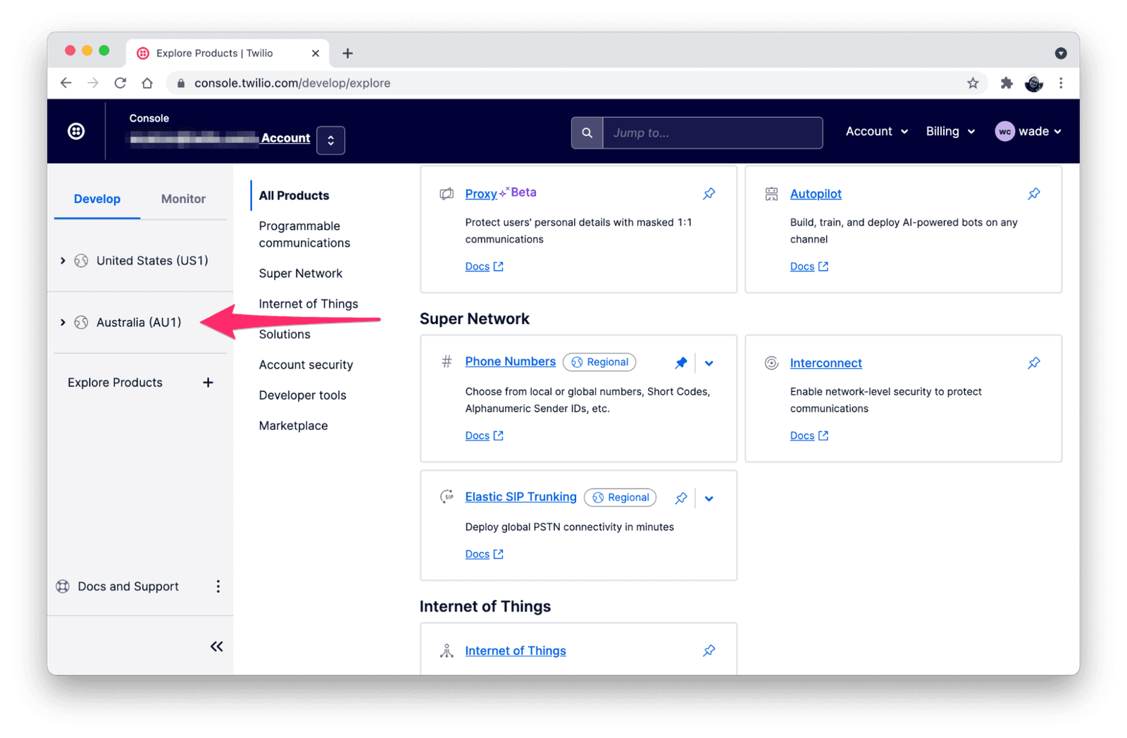 Twilio console with region-specific navigation, Australia (AU1) selected.