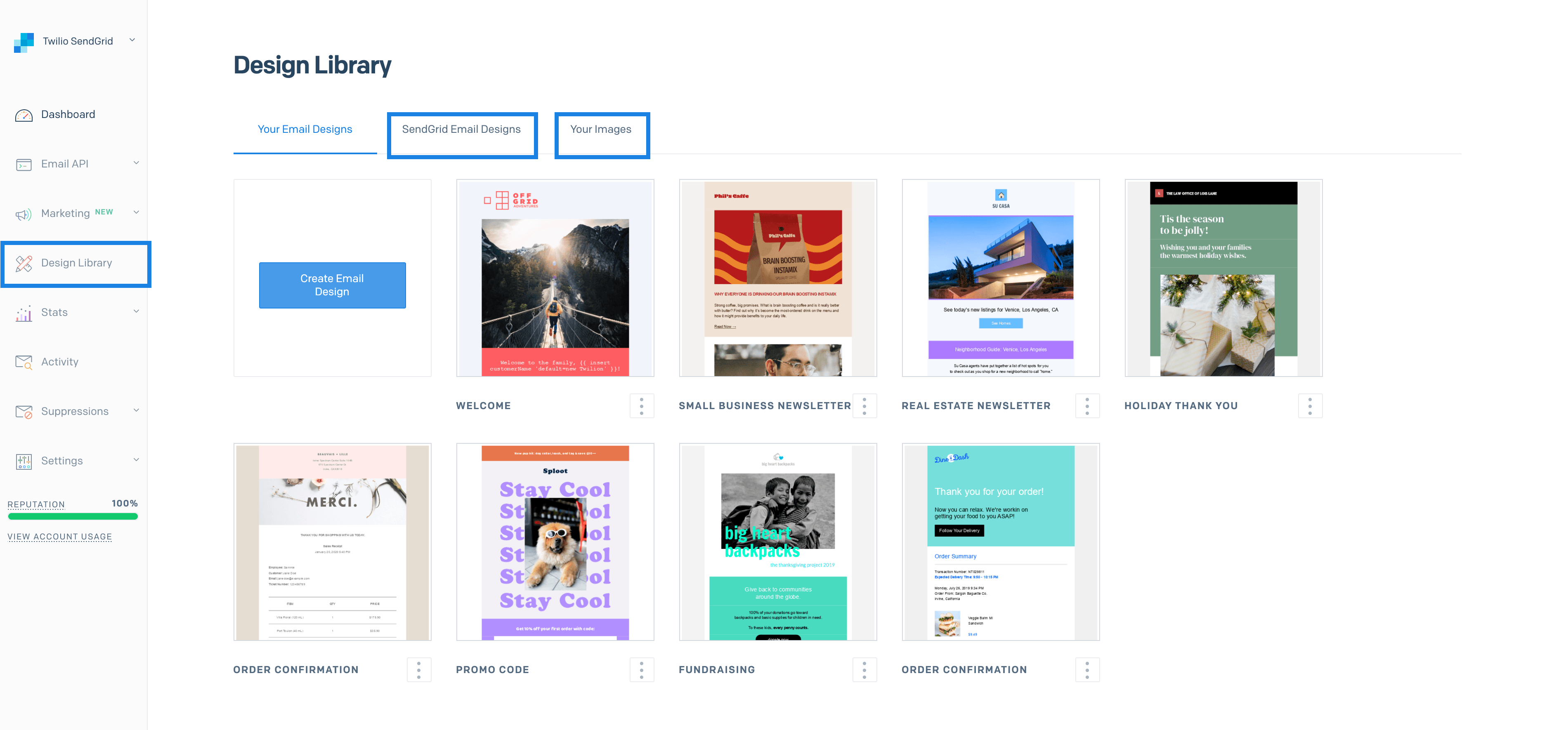 The Design Library with each navigation tab highlighted and the 'Your Designs' tab displayed.