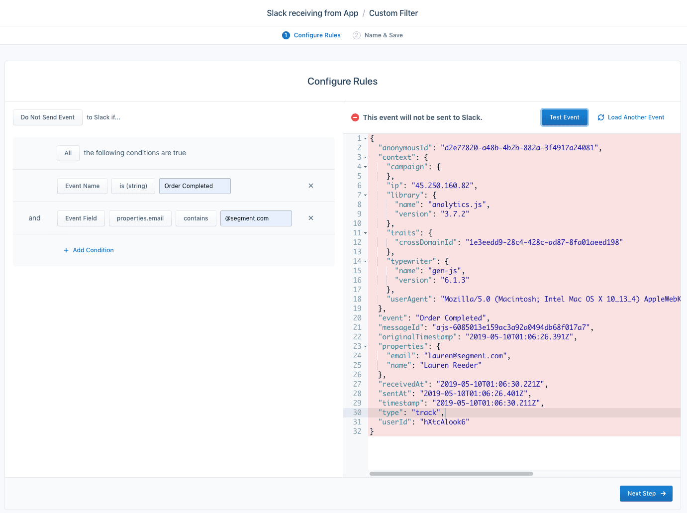 Internal domain filter example.