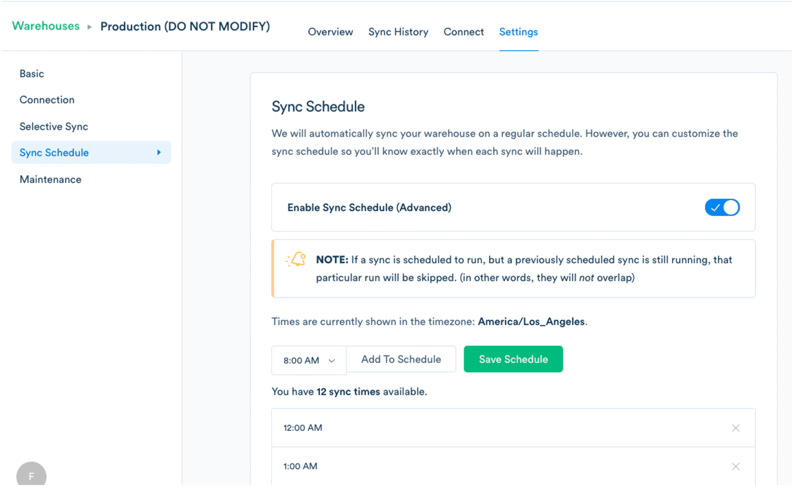 Screenshot of the Warehouse Settings page, with the Sync Schedule tab selected.