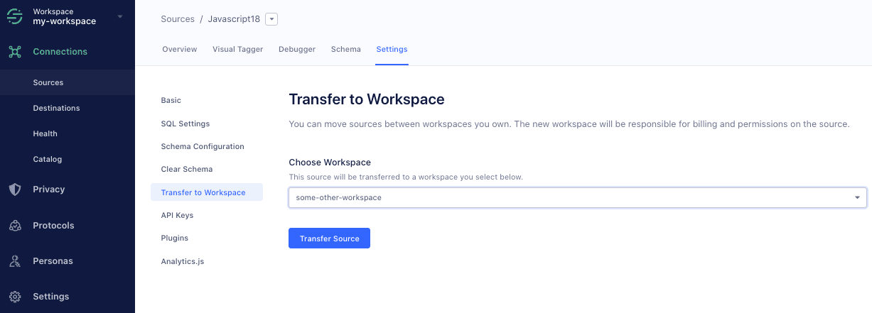 Image of the Transfer to Workspace tab in Segment's platform.
