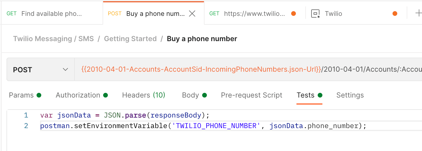 Postman test script setting Twilio phone number environment variable.