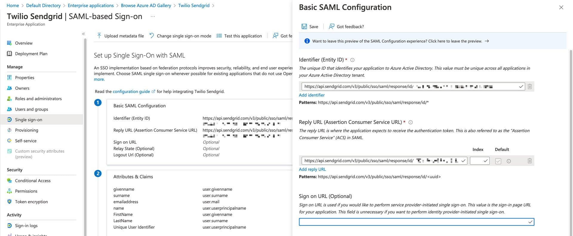 Azure AD SAML configuration for Twilio SendGrid with identifier and reply URL fields.