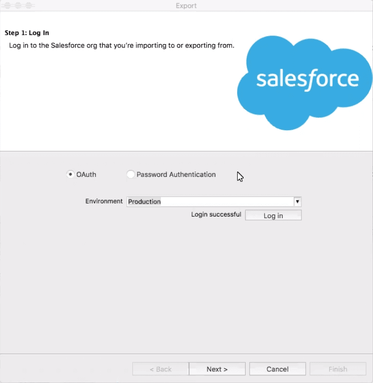 Salesforce login screen with OAuth and password authentication options, environment set to Production.