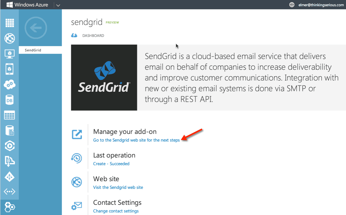 SendGrid dashboard in Azure with link to manage add-on and view last operation status.