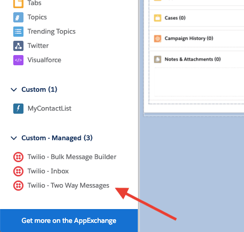 Salesforce sidebar showing Twilio components under Custom Managed section.
