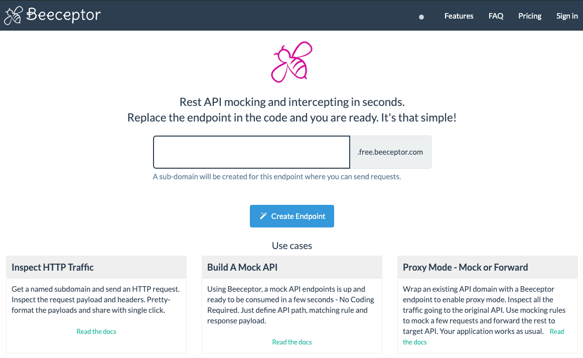 The Beeceptor home page.