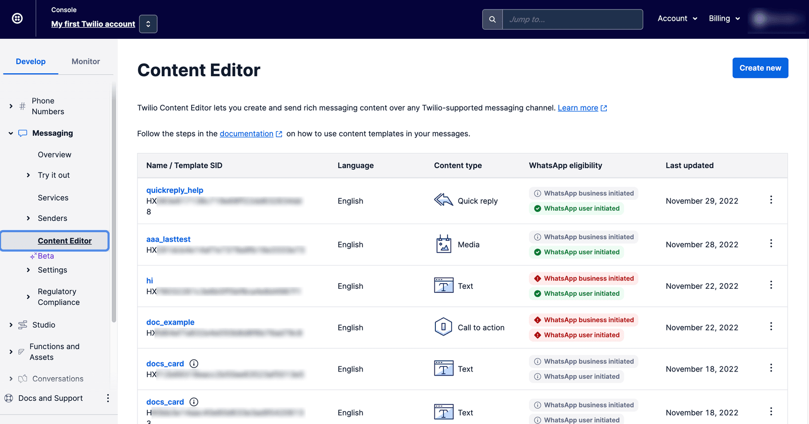 Twilio Content Editor dashboard with template names, languages, content types, WhatsApp eligibility, and last updated dates.