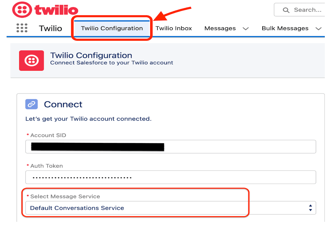 Twilio configuration page with account SID, auth token, and message service options.