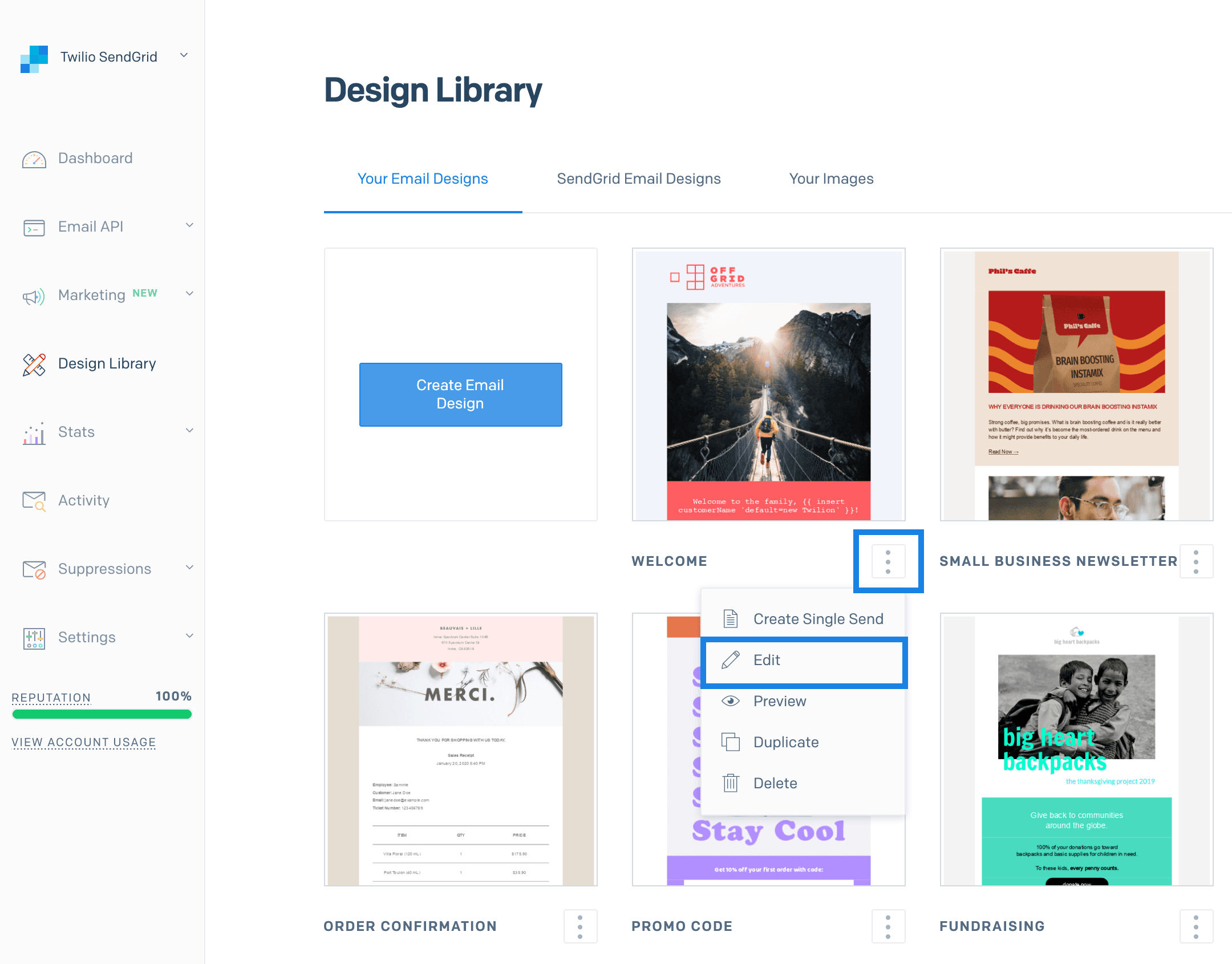 The Edit menu item button below a design.