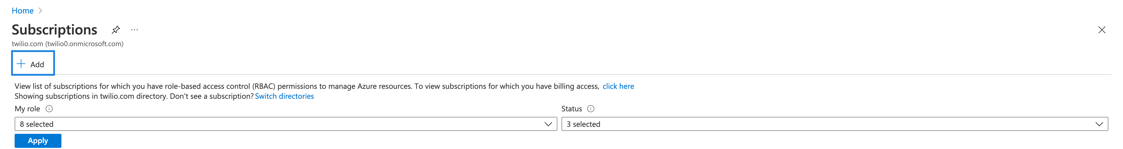 +Add button highlighted in Azure Subscriptions page for twilio.com.