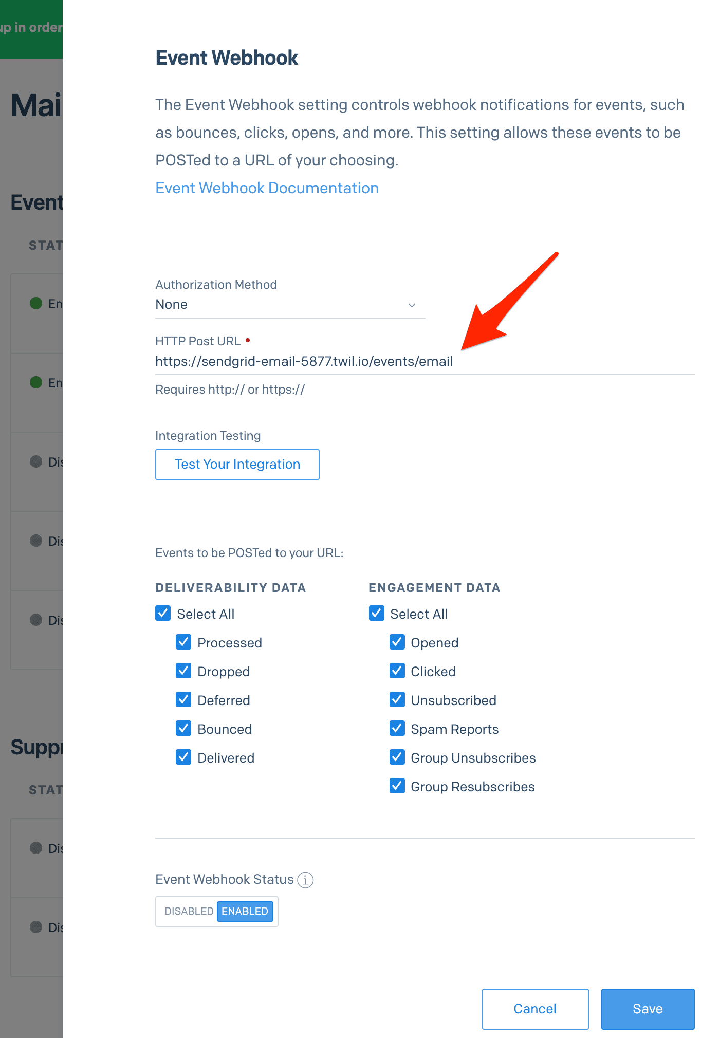 SendGrid event webhook settings with HTTP Post URL highlighted.