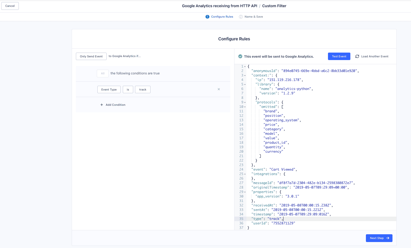 Example of a filter that only sends track calls to Google Analytics.