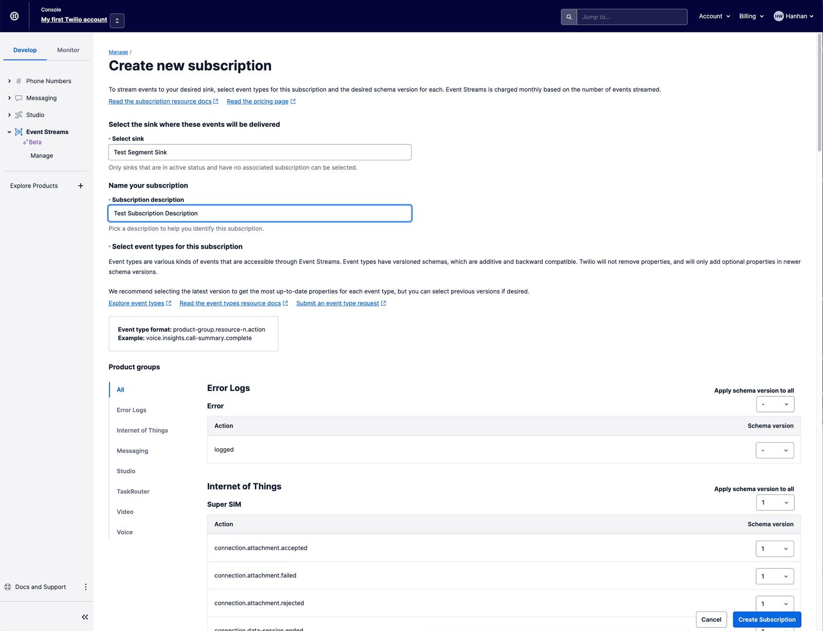 Twilio Event Streams interface for creating a new subscription with options for sink selection and event types.