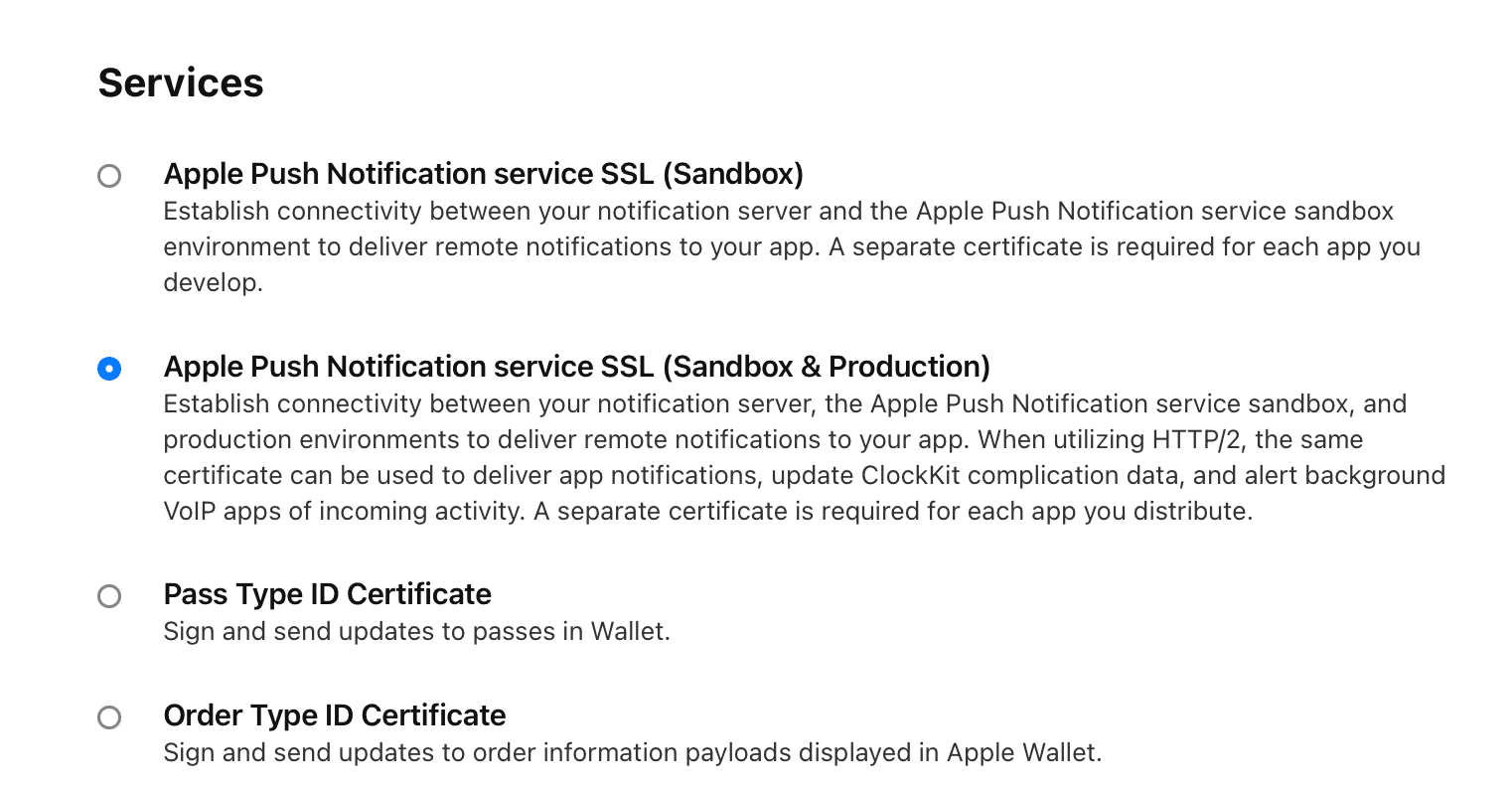 Services setup screen featuring options for Apple Push Notification SSL and Pass Type ID Certificate selection.