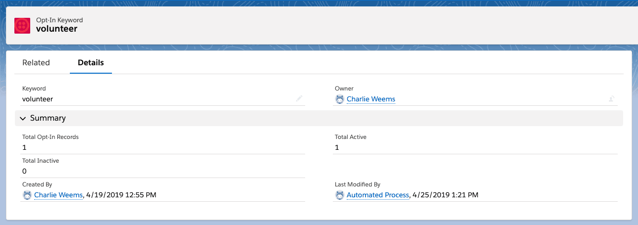 Opt-In Keyword Details Tab New Opt-In in Keyword.