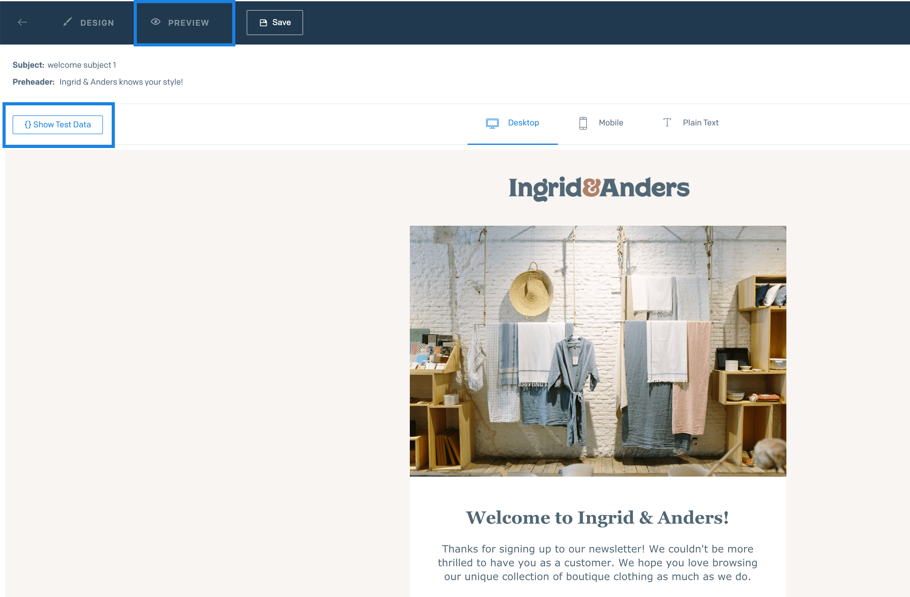 Design Editor Preview tab with Show Test Data button highlighted and email preview displayed.