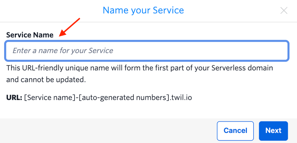 Form field to enter a service name for a serverless domain in Twilio Functions.