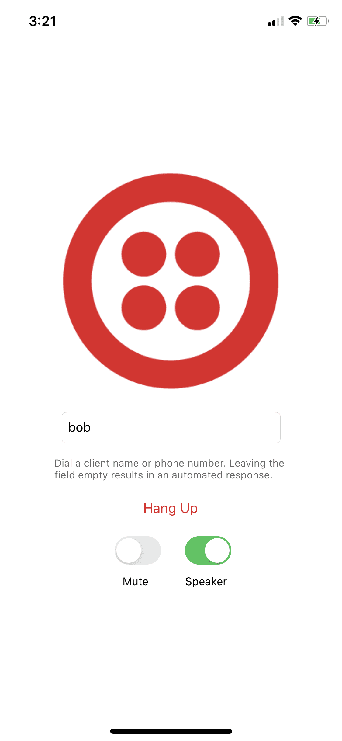 Twilio app interface with a red logo, a text input for a client's name, a Hang Up button, and Mute and Speaker toggle switches.