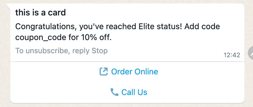 WhatsApp card with Elite status message, coupon code offer, and options to order online or call.