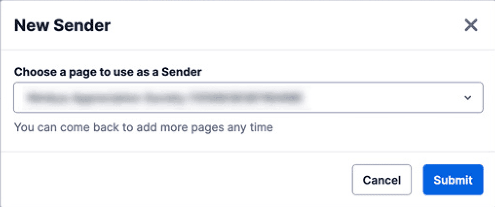 Dialog for selecting a page as a new sender with submit and cancel buttons.